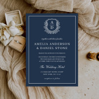 Marinho Azul Floral Crest Monograma Casamento Eleg