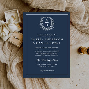 Convite Marinho Azul Floral Crest Monograma Casamento Eleg