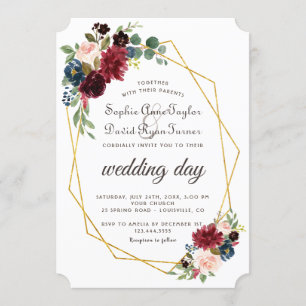 Convite Marinho Azul Floral Dourado Casamento de Quadro