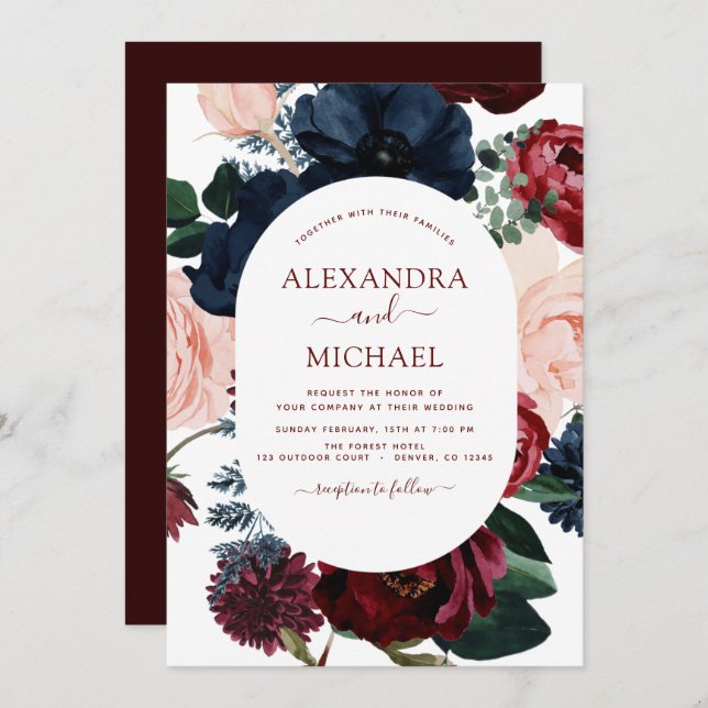 Convite Marinho Azul Floral Eucalyptus Casamento (Frente/Verso)