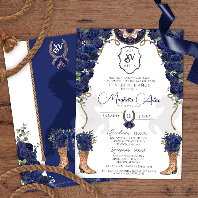 Convite Marinho Azul Floral Oeste Charro Quinceañera (Criador carregado)