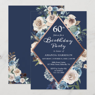 Convite Marinho Azul Floral Rosa Dourado 60º Aniversário