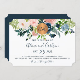 Convite Marinho azul flores chic monogramas casamento