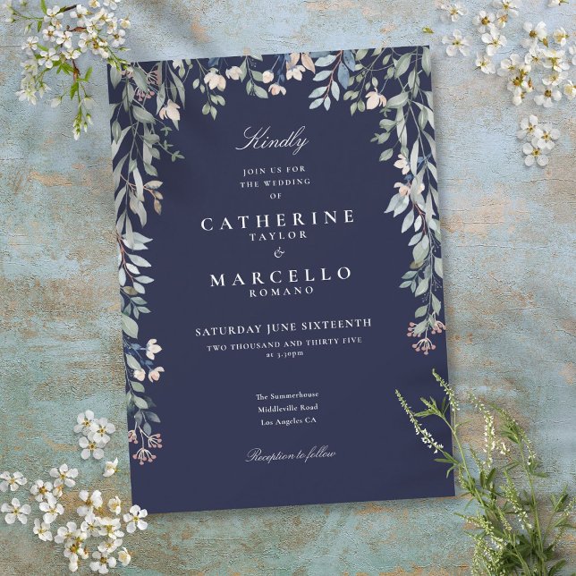 Convite Marinho Azul Flores Selvagens Casamento Floral Por (Navy Blue Wildflowers Watercolor Floral Wedding Invitation)