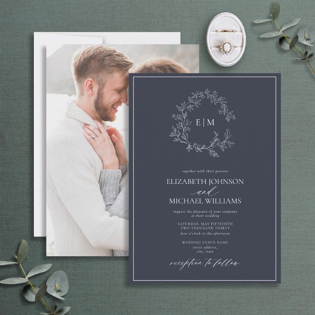 Convite Marinho Azul Folheto Folheado Monograma Foto Casam (Criador carregado)