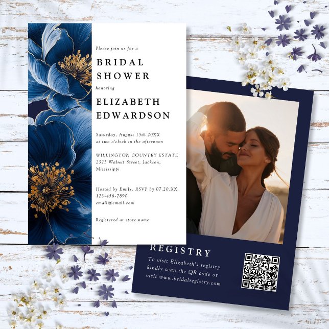 Convite Marinho Azul Foto Floral Chá de panela de Código Q (Navy Blue Floral Photo QR Code Bridal Shower Invitation)
