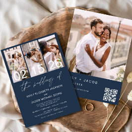 Convite Marinho Azul Foto QR código de casamento Minimalis