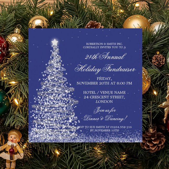 Convite Marinho Azul Gala Silver de Fundraiser Corporativo (Holiday Corporate Fundraiser Gala Silver Navy Blue Invitation)
