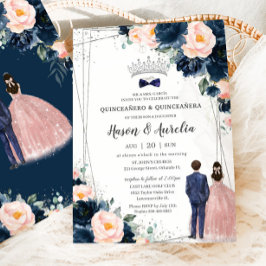 Convite Marinho Azul Gêmeas Florais Garota Quinceañera