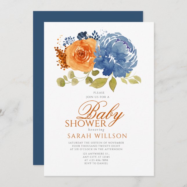 Convite Marinho Azul Laranja Parede Queda Chá de fraldas F (Frente/Verso)