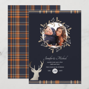 Convite Marinho Azul Laranja Tartan Estag FOTO QUALQUER EV