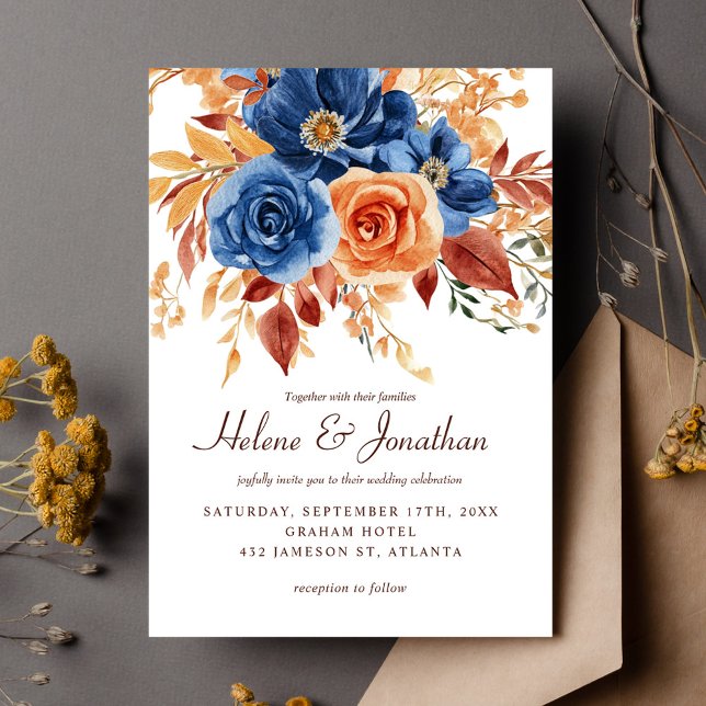Convite Marinho Azul Laranja Terracotta Casamento Elegante (Navy Blue Orange Terracotta Elegant Wedding Invitation)