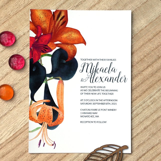 Convite Marinho azul-magenta Casamento outono lírios laran (Orange, Blue, Magenta Fall Tiger Lilies, Calla Lilies Wedding Invitations)