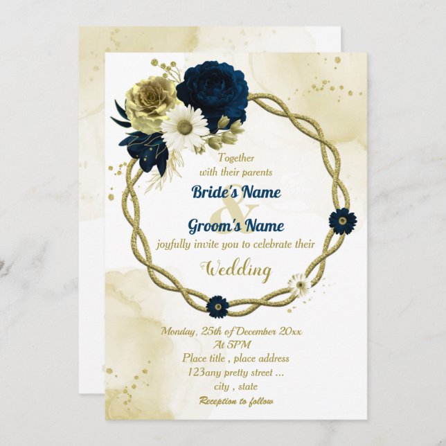 Convite Marinho azul marfim de ouro floral casamento (Frente/Verso)