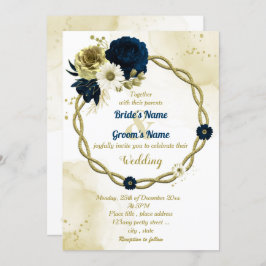 Convite Marinho azul marfim de ouro floral casamento