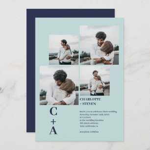 Convite Marinho azul-marinho moderno, 4 fotos em grade cas