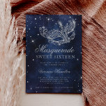 Convite Marinho azul mascarada da máscara de brilho pratea<br><div class="desc">Um doce moderno,  chico e glamouroso dezesseis com uma máscara de mascarada com brilho prateado desenhada à mão com faíscas de diamante reluzente prateado sobre um fundo azul-d'água escuro.</div>