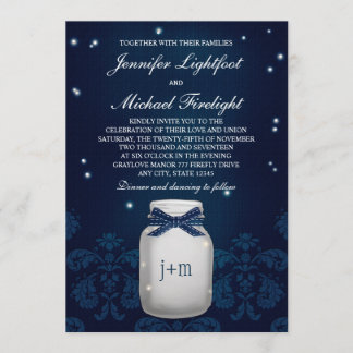Convite Marinho Azul Mason Jar com Fireflies Casamento