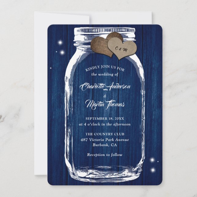 Convite Marinho Azul Mason Jar Hearts Barn Wood Casamento (Frente)