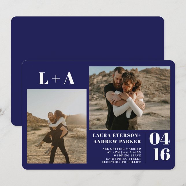 Convite Marinho azul mínimo iniciais 2 fotos casamento (Frente/Verso)