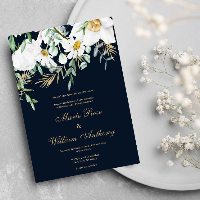 Convite Marinho azul mint branco disie ouro floral Casamen (Navy blue mint white gold daisies floral Wedding Invitation )