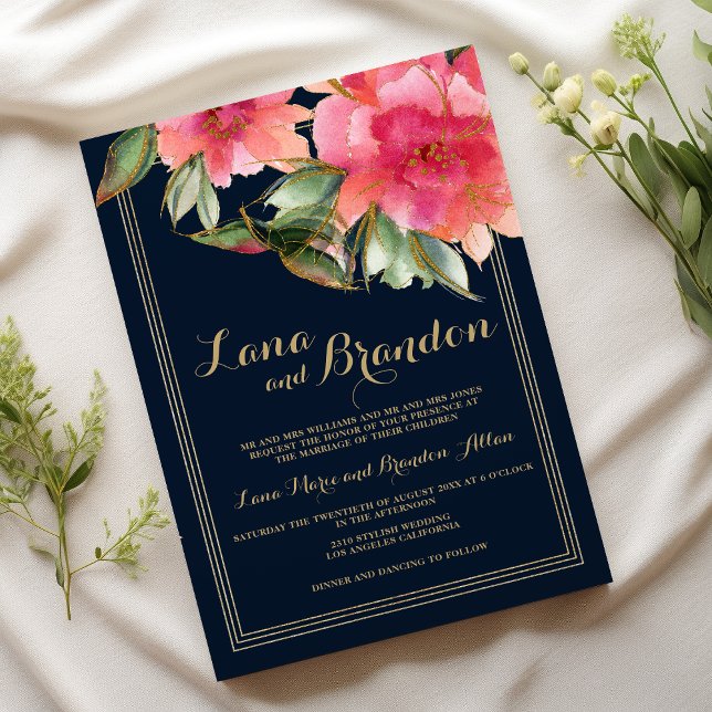 Convite Marinho azul minta cor-de-rosa brilho floral casam (Navy blue mint pink gold glitter floral wedding )