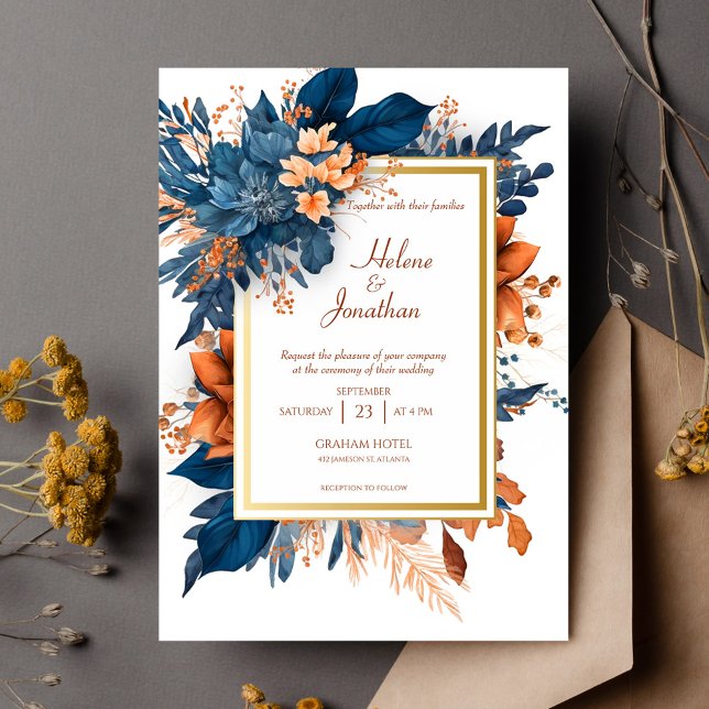 Convite Marinho Azul Moderno Casamento Floral Boho Elegant (Modern Elegant Floral Boho Wedding Invitation)