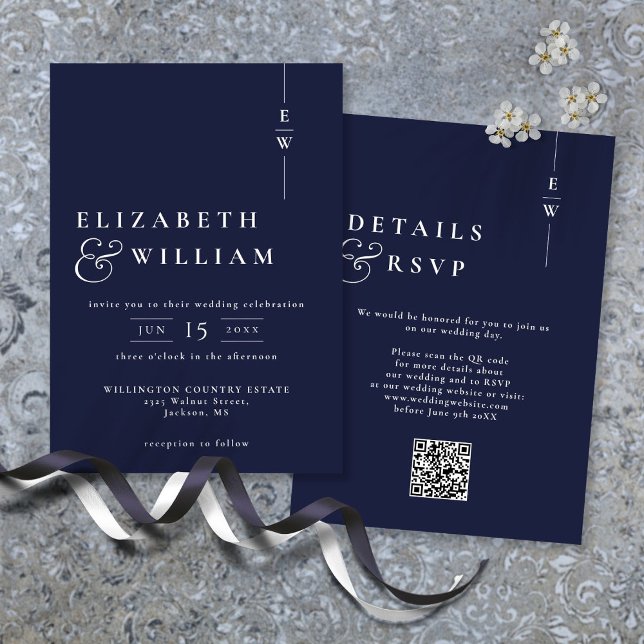 Convite Marinho Azul Moderno Monograma Casado Código QR (Navy Blue Modern Monogram Wedding QR Code Invitation)