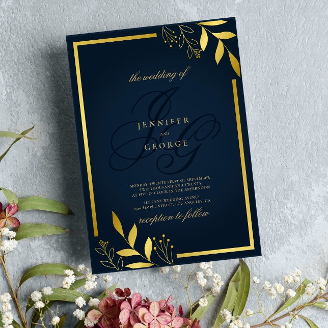 Convite Marinho azul monograma sigla de casamento floral (Navy blue gold monogram initials floral wedding )