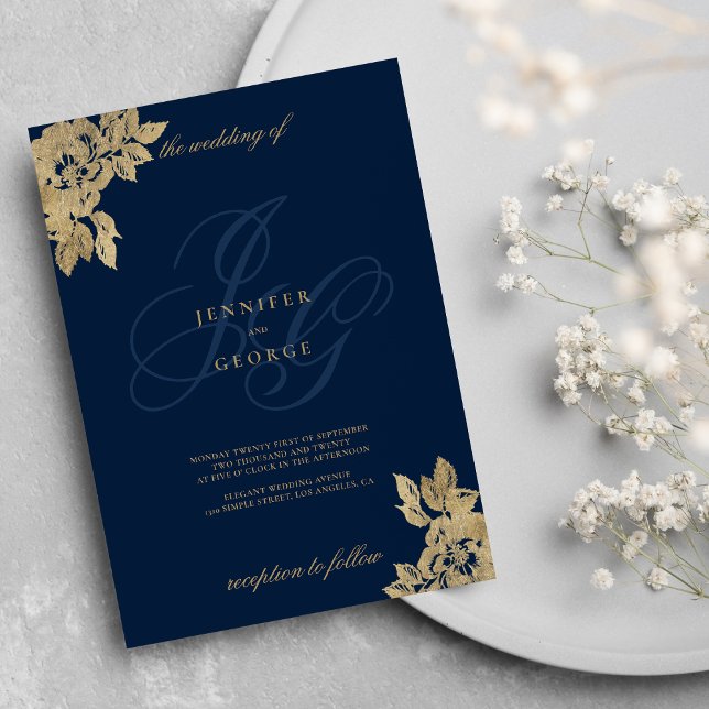 Convite Marinho azul monograma sigla de casamento floral (Navy blue gold monogram initials floral wedding invitation )
