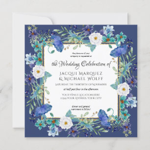 Convite Marinho Azul n Água Dourada Casamento Floral Com V