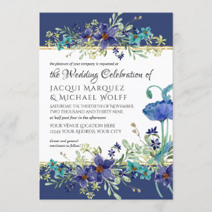 Convite Marinho Azul n Água Dourada Casamento Floral Com V