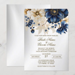 Convite Marinho Azul Ouro Branco Prata Floral