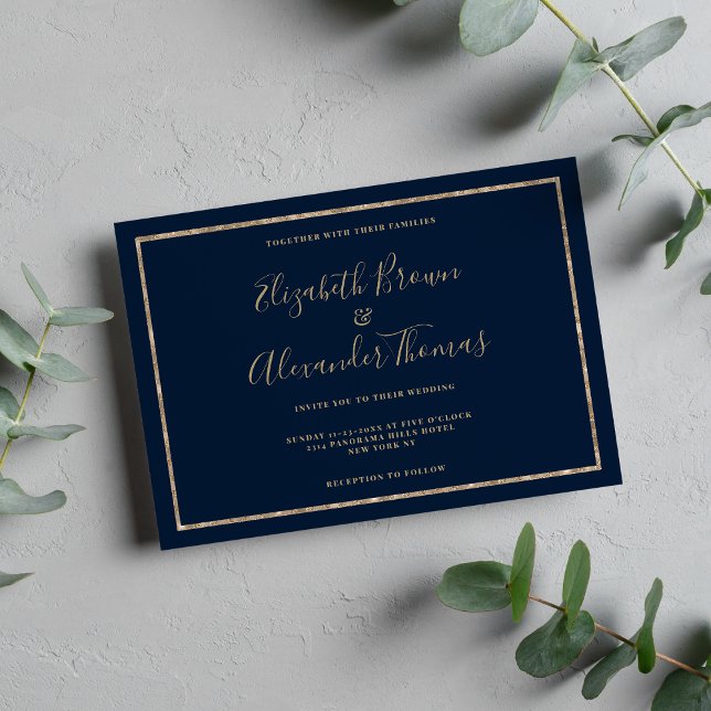Convite Marinho azul ouro caligrafia manuscrita, casamento (Navy blue gold handwritten calligraphy wedding)