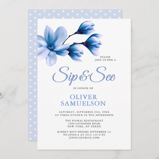 Convite Marinho azul Pastel Magnolia SIP e SEE Chá (Frente/Verso)