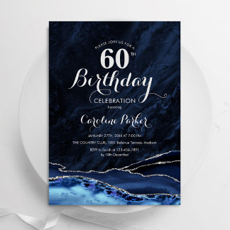 Convite Marinho Azul Prata Agate Marble 60º aniversário