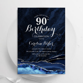 Convite Marinho Azul Prata Agate Marble 90 no Aniversário