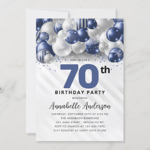 Convite Marinho Azul Prata Balão Brilhante 70 Aniversário