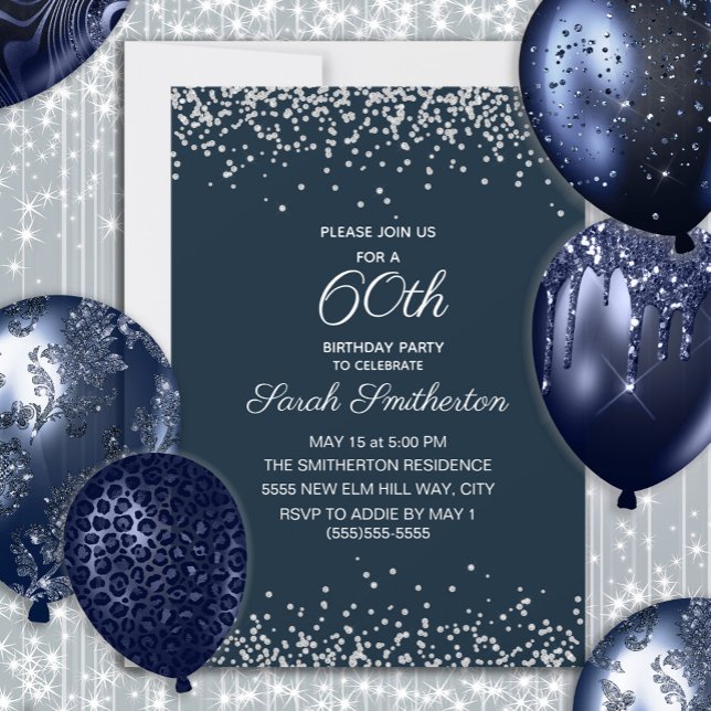Convite Marinho Azul Prata Diamante Brilhante 60º Aniversá (Navy blue and silver glitter women's 60th birthday party invitation)