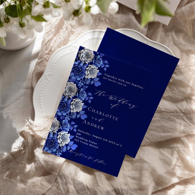 Convite Marinho azul prata floral script luxuoso casamento (Criador carregado)