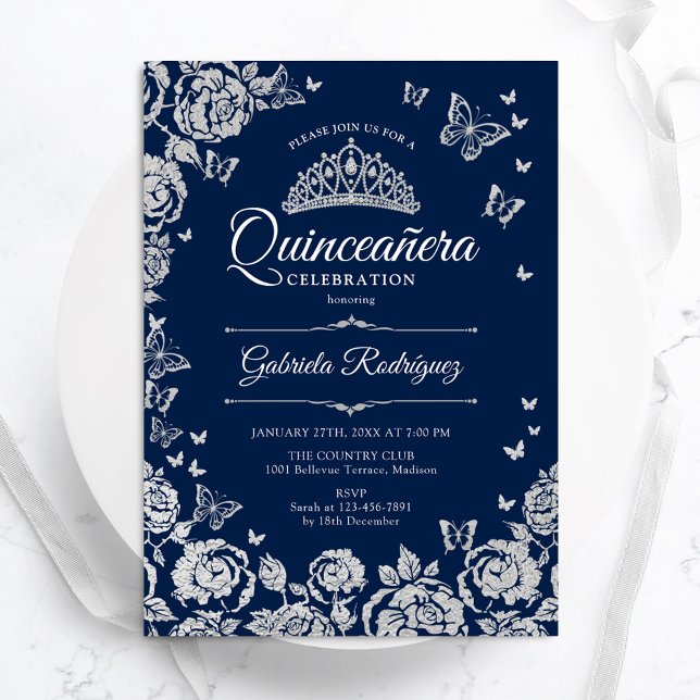 Convite Marinho Azul Prata Rosas Borboletas Quinceanera (Criador carregado)