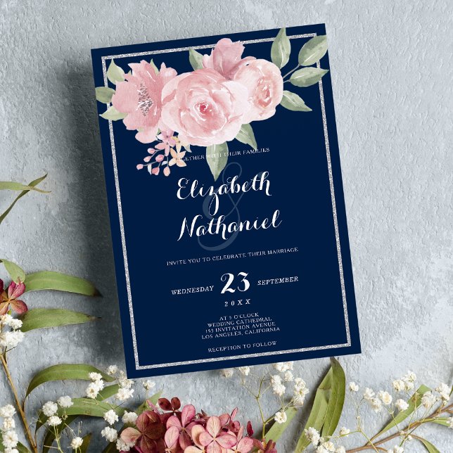 Convite Marinho azul-prateado verde-rosa verde-floral tema (Navy blue silver pink green floral theme wedding)
