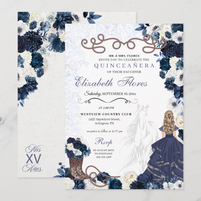 Convite Marinho azul Princesa Charra Quinceañera (Frente/Verso)