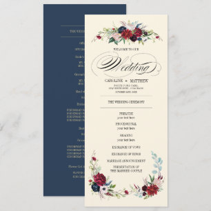 Convite Marinho azul Programa de Casamento Floral Vermel