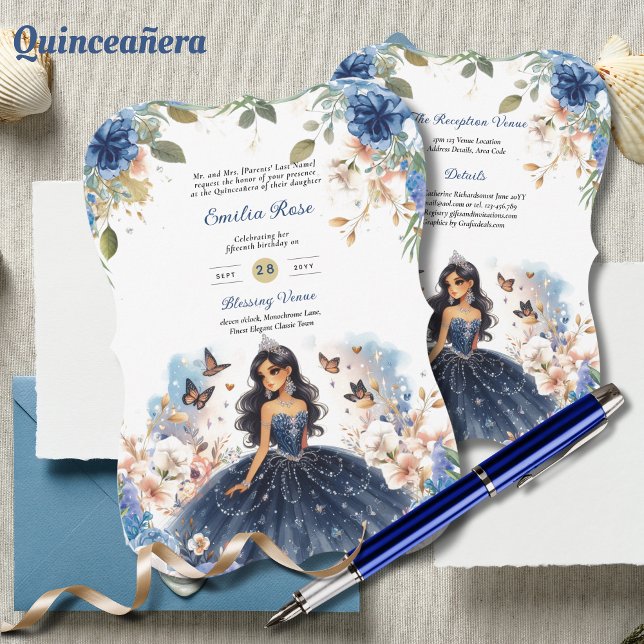 Convite Marinho Azul Quinceanera Vestido Borboletas Florai (Criador carregado)