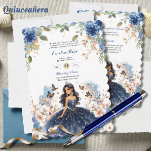 Convite Marinho Azul Quinceanera Vestido Borboletas Florai
