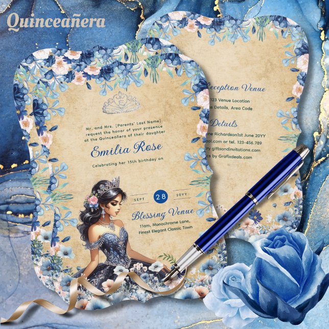 Convite Marinho Azul Quinceanera Vestido Rosas Florais (Criador carregado)