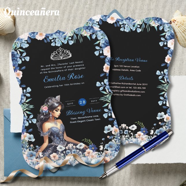 Convite Marinho Azul Quinceanera Vestido Rosas Florais (Criador carregado)