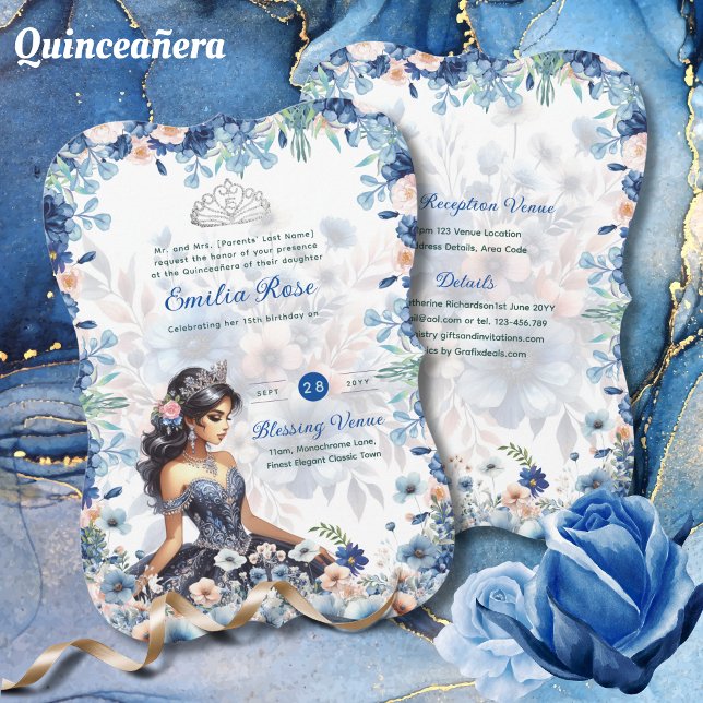 Convite Marinho Azul Quinceanera Vestido Rosas Florais (Criador carregado)