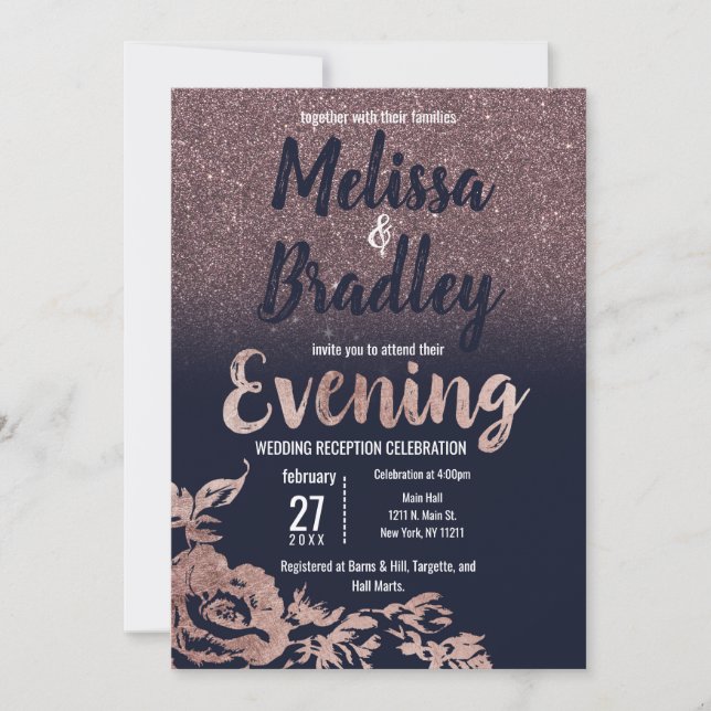 Convite Marinho Azul Rosa Dourado Brilhante Noite Floral (Frente)